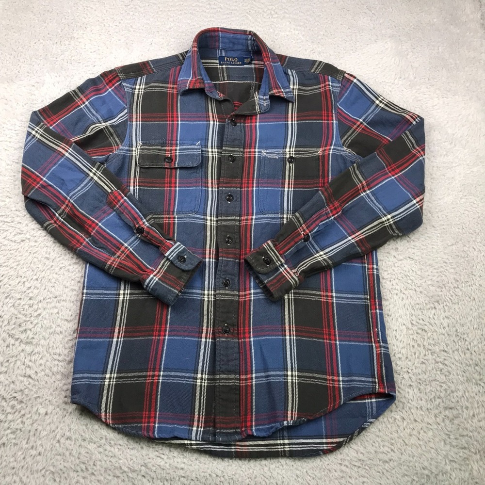 Polo Ralph Lauren Shirt Mens S Blue Plaid Flannel Button Up‎ Pocket Long Sleeve